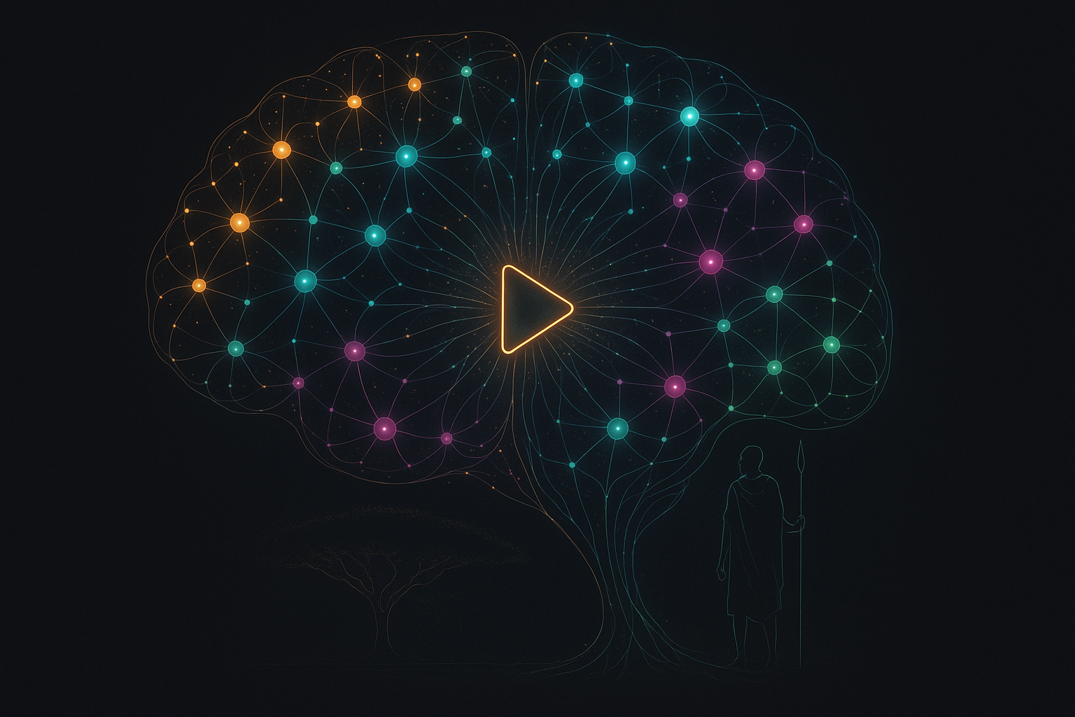 The YouTube Brain — a glowing neural map of viral research flowing into video creation